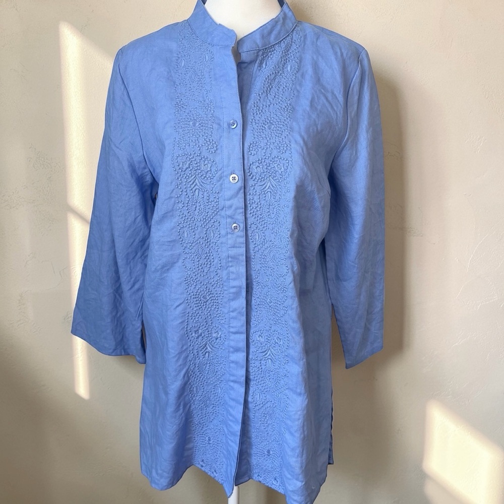 100% Linen Embroidered Mandarin Collar Tunic Large Corn Flower Blue Lagenlook